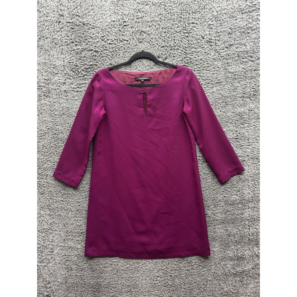 Tara Jarmon Crepe Keyhole Neck 3/4 Sleeve Mini Shift Dress Burgundy Womens 36